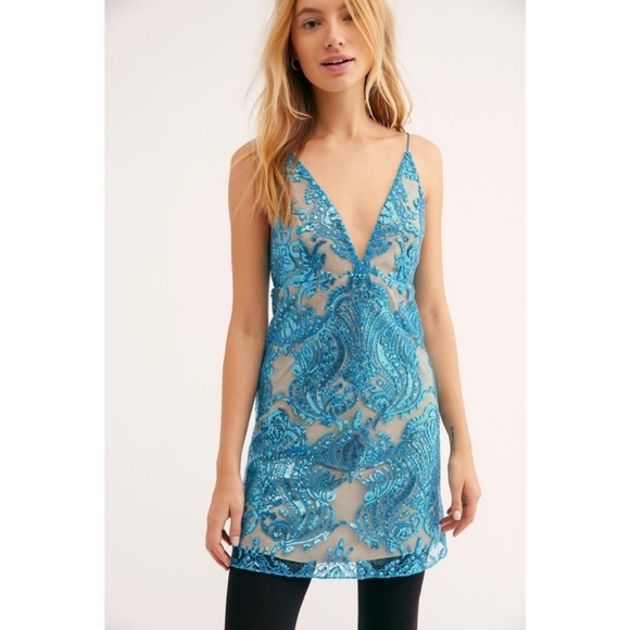 Free People Night Shimmers Ocean Blue Sequin Mini-Dress New With Tag - Picture 3 of 16